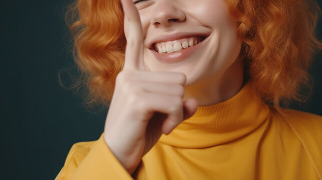 Smiling Woman with Curly Red Hair in Yellow Turtleneck Gesturing Happiness on Teal Background