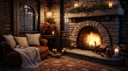 A cozy corner with a fireplace and plush rugs  AI generated illustration