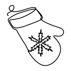 Christmas mitten in single line style. One continuous line drawing. Vector illustration isolated on white background.