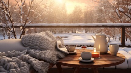 A cozy winter scene with warm blankets and hot cocoa AI generated illustration