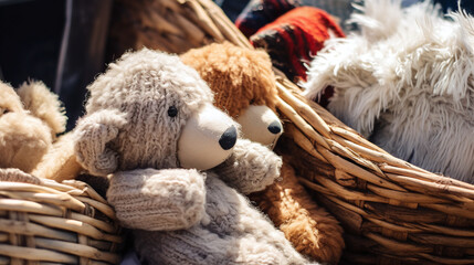 Plush Teddy Bears in a Wicker Basket Close Up Warm and Cozy Kids Toys