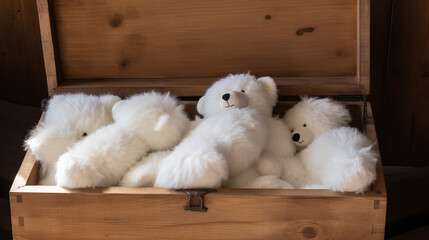 White Teddy Bears in Wooden Chest Toy Storage Concept with Warm Natural Light