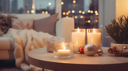 Burning candles on table in living room with Christmas decor. Space for text
