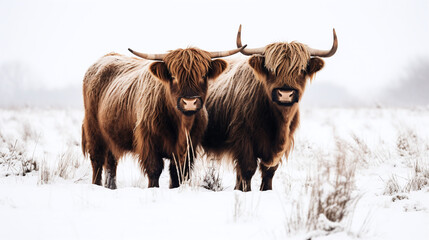 Majestic Highland Cattle Standing In Snowy Field Winter Nature Scene