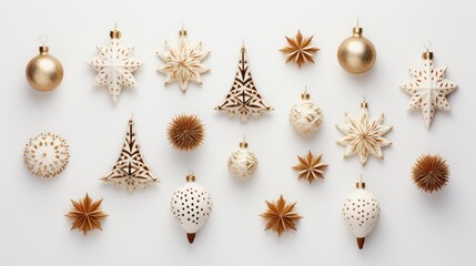 A flat lay arrangement of simplistic Scandinavian-style Christmas ornaments  AI generated illustration