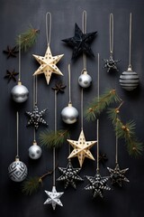 A flat lay arrangement of simplistic Scandinavian-style Christmas ornaments  AI generated illustration