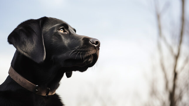 Black Labrador Retriever Dog Looking Up Against Sky Background