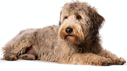 Cute Brown Curly Haired Dog Lying Down on White Background Looking at Camera High Resolution Image