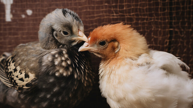 Close Up of Two Adorable Chickens Bonding with Feather Detail and Background Bokeh Effect