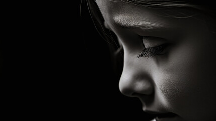 Close up portrait of a young child in contemplation with dramatic lighting and black background