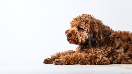 Fototapeta premium Brown Curly Fur Dog Lying Down on White Background with Copy Space