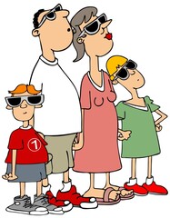 Illustration of a family watching a solar eclipse - obrazy, fototapety, plakaty