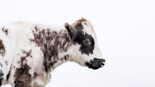 Close Up Portrait of a Young Speckled Calf with Black and White Markings on a Clean White Background