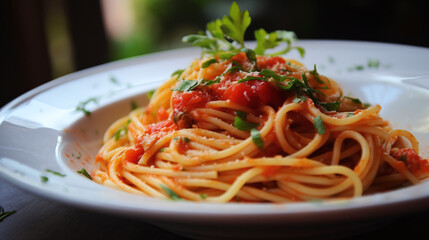 Italian Spaghetti Pasta with Tomato Sauce Fresh Herbs and Parmesan Cheese on White Plate Closeup Culinary Presentation in Restaurant