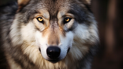 Naklejka na ściany i meble Intense Golden Eyed Grey Wolf Close Up Portrait in Natural Light