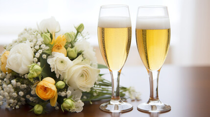 Elegant Champagne Glasses and Fresh Floral Bouquet Celebration Table Setting for Wedding Reception or Toasting Event
