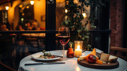 Romantic Dinner Setting with Red Wine Cheese Platter and Candlelight in Cozy Restaurant Ambiance