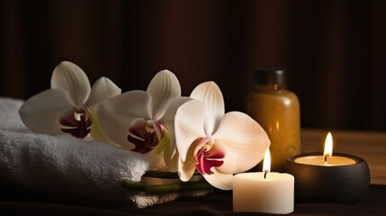 Obraz na płótnie Canvas Relaxing Spa Ambiance with White Orchid Flowers and Lit Candles on Wooden Background