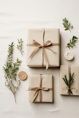 A flat lay showcasing minimalistic sustainable gift wrapping options for Christmas  AI generated illustration