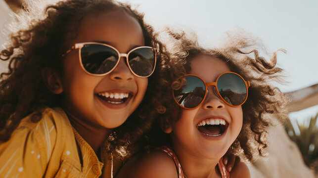 Happy Children Enjoying Sunshine Wearing Sunglasses Summer Joy Vibrant Smile Outdoor Fun