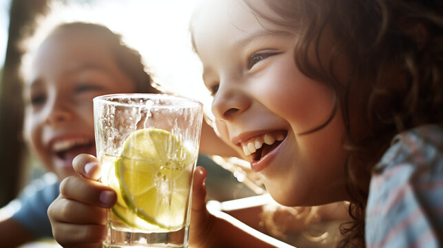 Happy Children Enjoying Refreshing Lemonade on a Sunny Day with Bright Smiles and Laughter
