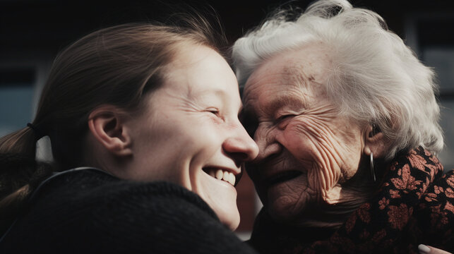 Intergenerational Smiles and Joyful Embrace Between Young Woman and Elderly Lady With Authentic Happy Expressions