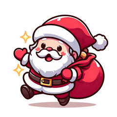 Cute Santa Claus carrying big bag full of gifts