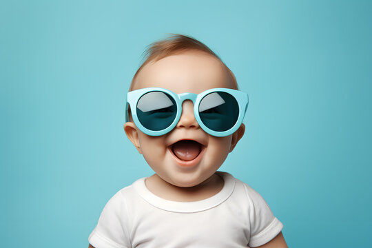 Funny laughing baby boy with sunglasses in front of blue studio background
