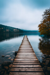 wooden path leading to a calm lake