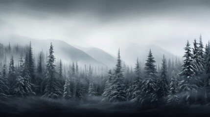 A snowy evergreen forest under a cloudy sky capturing the simplicity and monochromatic beauty of winter landscapes  AI generated illustration