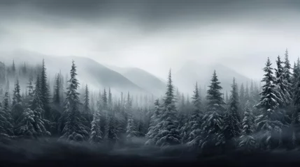 Zelfklevend Fotobehang A snowy evergreen forest under a cloudy sky capturing the simplicity and monochromatic beauty of winter landscapes  AI generated illustration © ArtStage