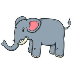 Cartoon elephant standing, with a raised trunk, big ears, and tusks