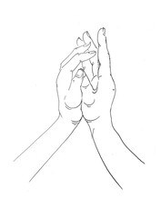 Watercolor romantic hands illustration. Silhouette of boy and girl in love holding hands line art on white background. Relashionship concept. Love themed poster.Wall art romance.