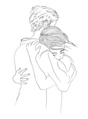 Watercolor romantic couple illustration. Silhouette of boy and girl in love hugging graphic isolated on white background. Relashionship concept. Love themed poster.Wall art romance.