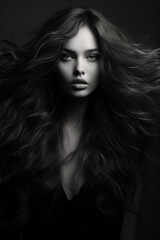 A black and white photo of a very long haired woman