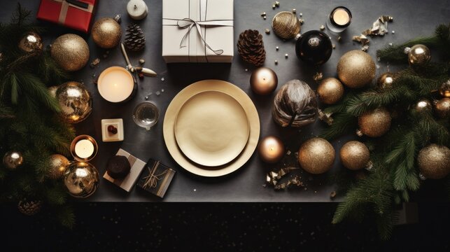 A top view of a festive flat lay created with minimal Christmas tree decor and soft lighting  AI generated illustration