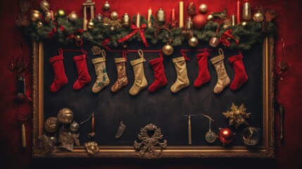 A vignetted image of a flat lay made with Christmas stockings and bells  AI generated illustration