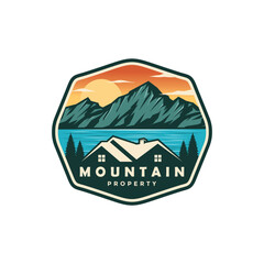 Logo design template for house rental on the lake with mountain. home logo construction. house mountain logo template Vector illustration