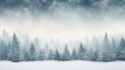 Naklejka premium A winter wonderland featuring snow-covered pine trees in a forest creating a serene and minimalist snowy landscape AI generated illustration