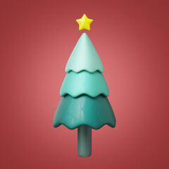 3d Christmas tree with yellow star floating isolated on red background. Element of Merry Christmas and New year concept. Cartoon icon minimal smooth. 3d rendering with clipping path.
