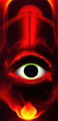 illustration of an eye, with red elements and fire flame below