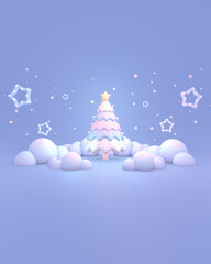 3d rendered cartoon Christmas tree, led stars, and clouds.