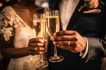 Couples clinking wine glasses at a wedding with abstract bokeh light party background.
