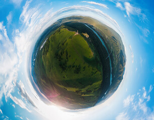 Little planet transformation of spherical panorama 360 degrees of beauty day in the mountains in...