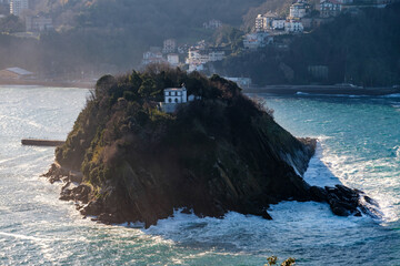 View of Santa Clara Island (Isla de Santa Clara) and Monte Igueldo from Monte Urgull, Donostia-San Sebastián, Spain