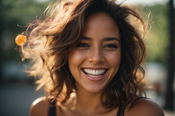 Portrait of a young woman smiling with happiness and looking at the camera. Closeup of a girl with a perfect gummy smile. - obrazy, fototapety, plakaty
