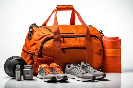 orange gym bag with sports stuff on a white background