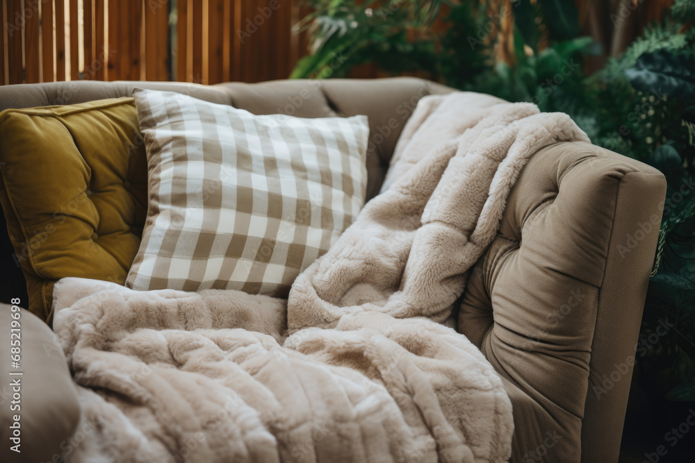 Poster comfortable couch with soft blanket draped over it. perfect for creating warm and inviting atmospher
