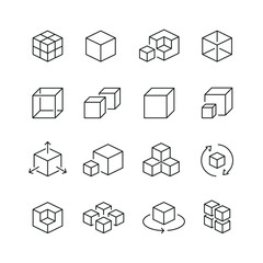 Vector line set of icons related with cubes. Simple outline sign.