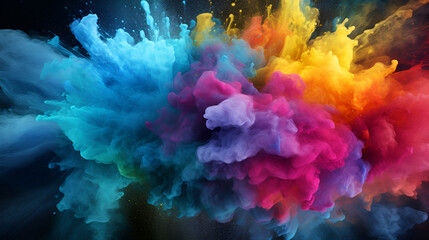 Rainbow color powder explosion in the light blue and black background